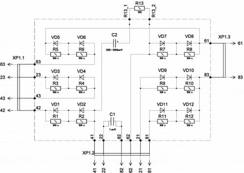 Рис.1. Схема электрическая принципиальная блока диодов и конденсаторов БДСКШ-М